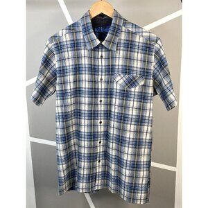 Kuhl Stallion Button Up Short Sleeve Shirt Men’s M Blue White Plaid Seersucker